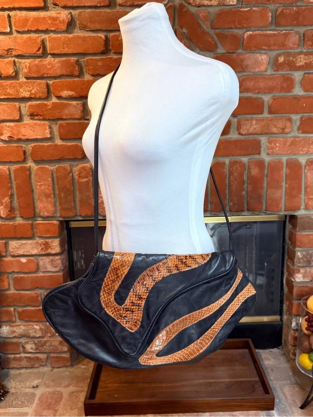 Vintage Black Soft Leather Shoulder Bag Snakeskin Inlay Slouch Hobo Boho Artisan